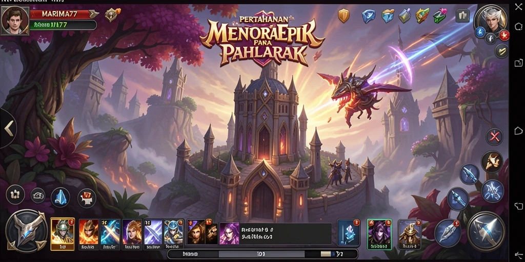 Tampilan gameplay mendebarkan di MARIMA77 dengan berbagai jenis menara.