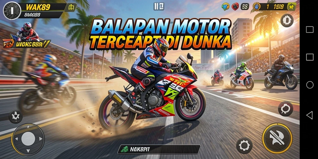 Screenshot gameplay WAK89 yang menunjukkan aksi balapan motor yang mendebarkan.